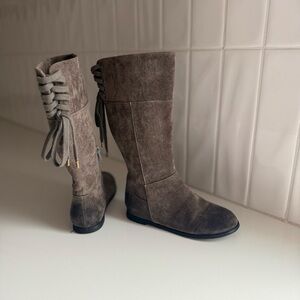 Joyfolie Chantel Suede Mid-Calf Lace-Back Boots